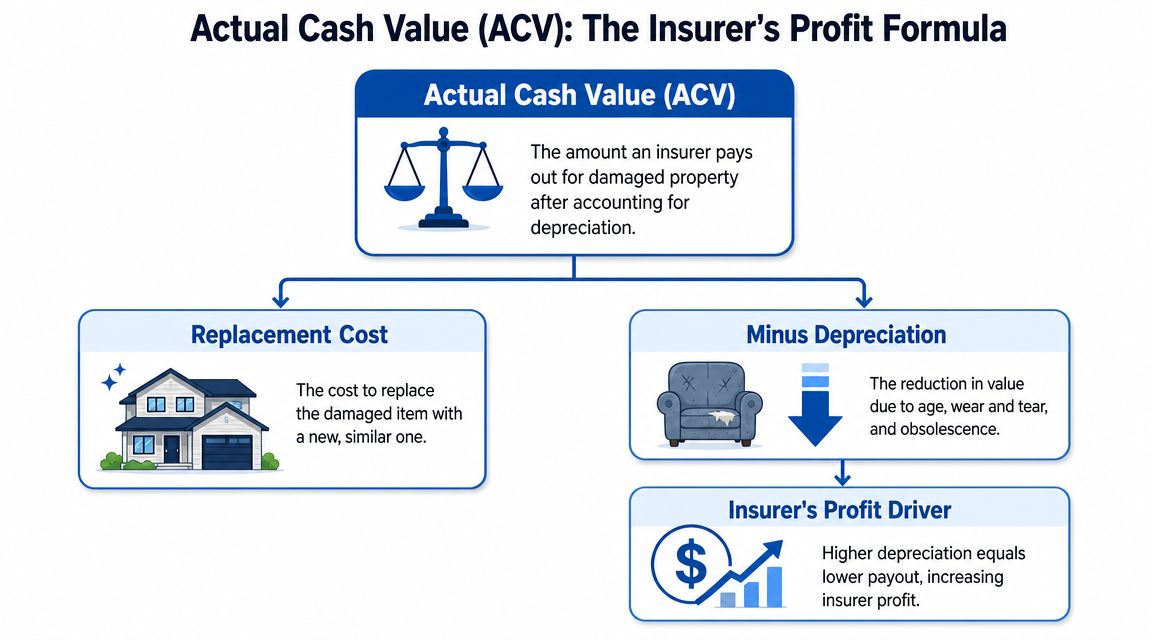 A diagram explaining Actual Cash Value (ACV) as replacement cost minus depreciation, highlighting insurer profit mechanisms.