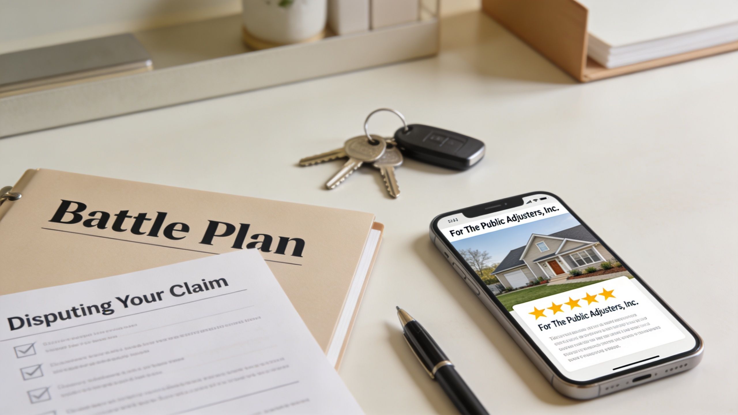 A smartphone, pen, and insurance documents on a desk, illustrating a battle plan for insurance claims.