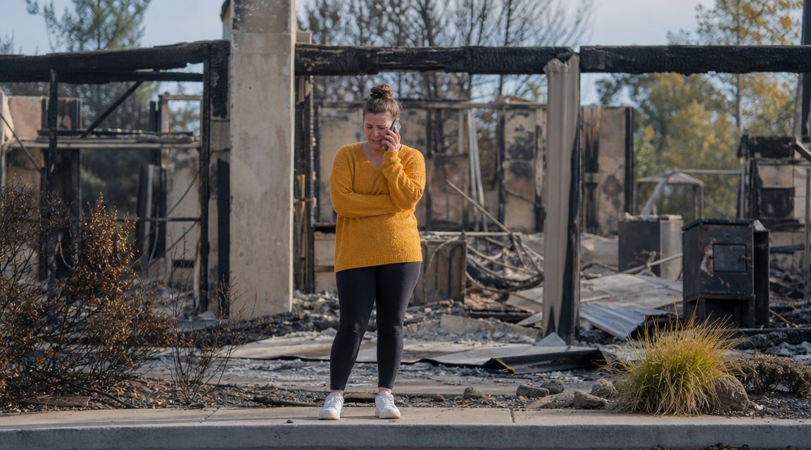 A distraught woman wearing a yellow sweater stands in front of her home destroyed by fire.