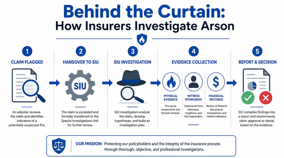 An infographic detailing the five-step process insurers follow to investigate potential arson insurance claims.
