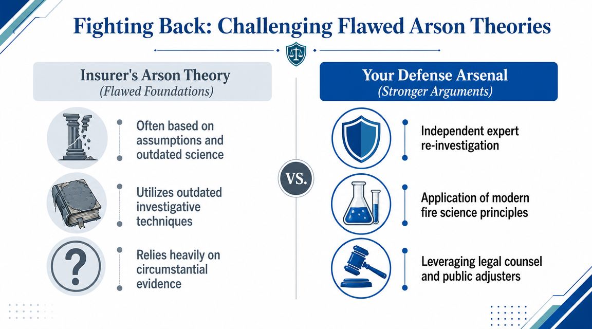 A comparison chart showing how to challenge flawed arson theories with stronger defense and legal arguments.