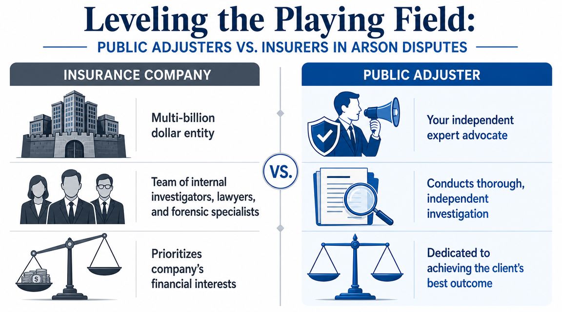 A comparison infographic showing insurance companies versus public adjusters regarding arson fire insurance claim disputes.
