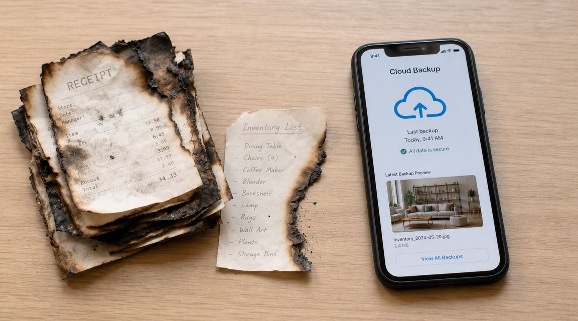 A smartphone displaying cloud backup status next to burnt receipts and a charred physical inventory list.