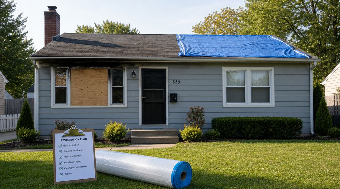 A house undergoing exterior restoration after fire damage with a restoration plan clipboard and supplies on the lawn.