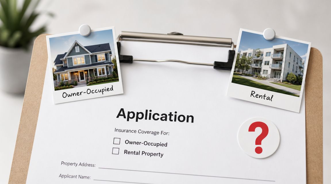 A clipboard showing an insurance application form with options for owner-occupied or rental property coverage choices.