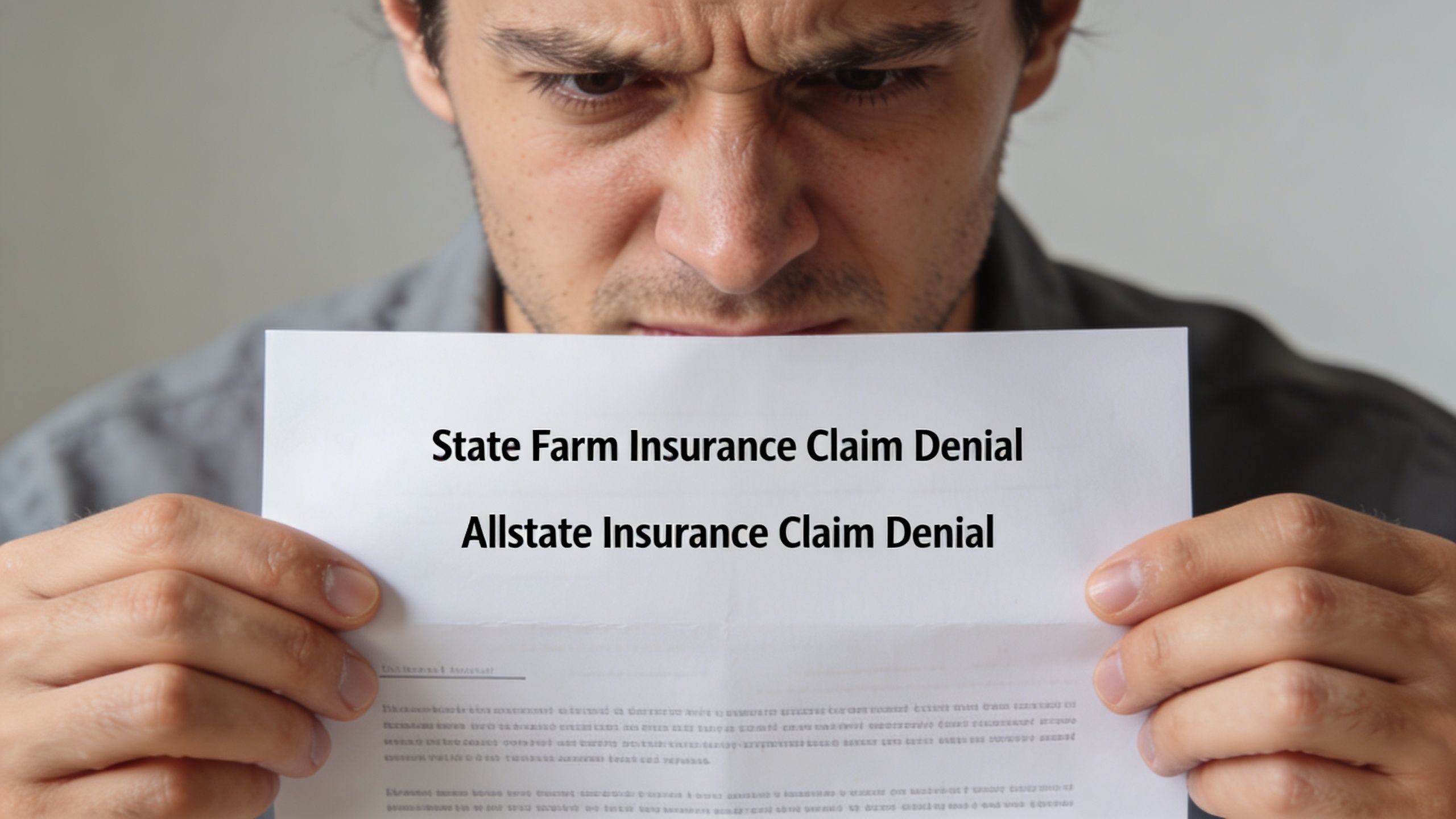 A frustrated man looking down at a document titled State Farm and Allstate Insurance Claim Denial.