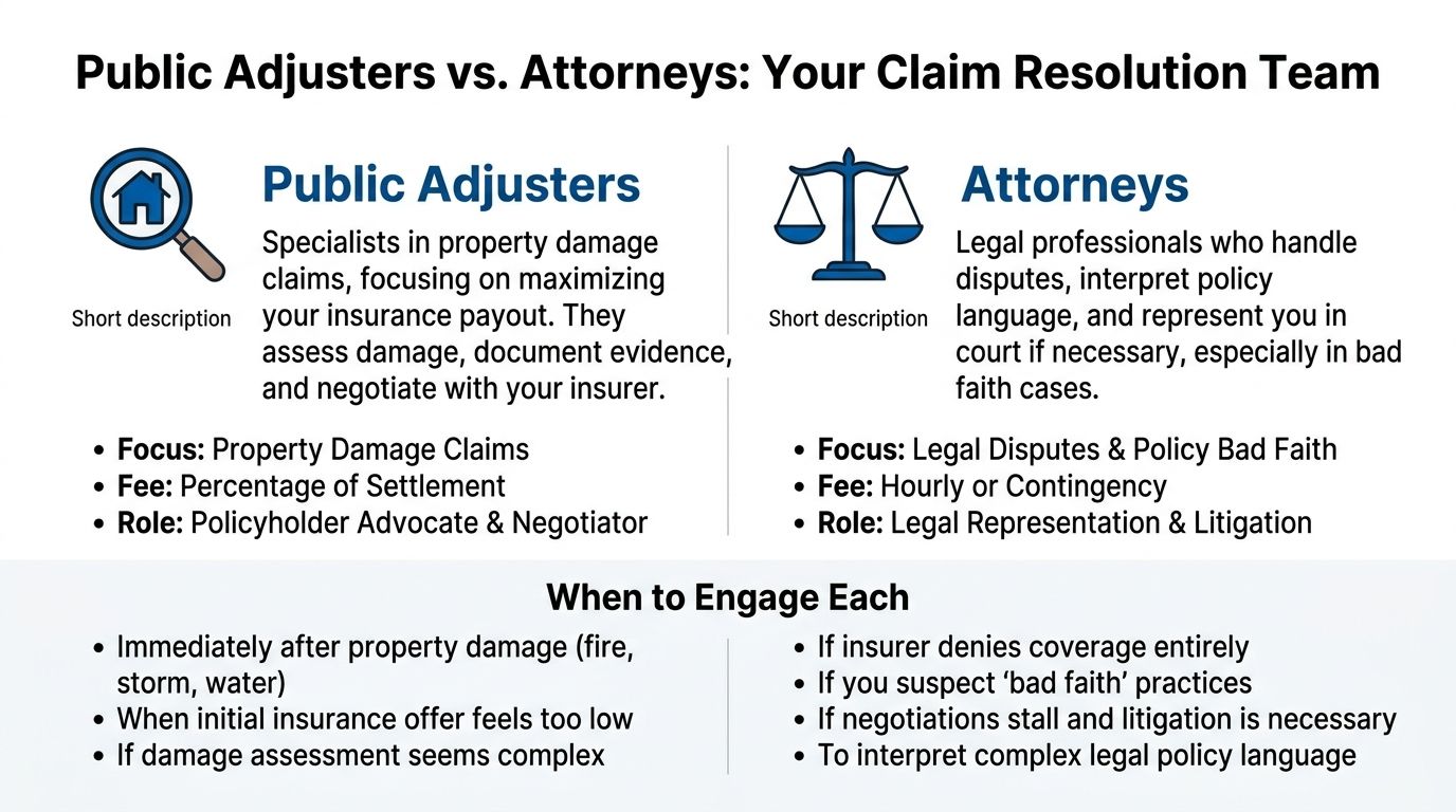 A comparison chart outlining the professional roles and differences between public adjusters and insurance attorneys for claims.