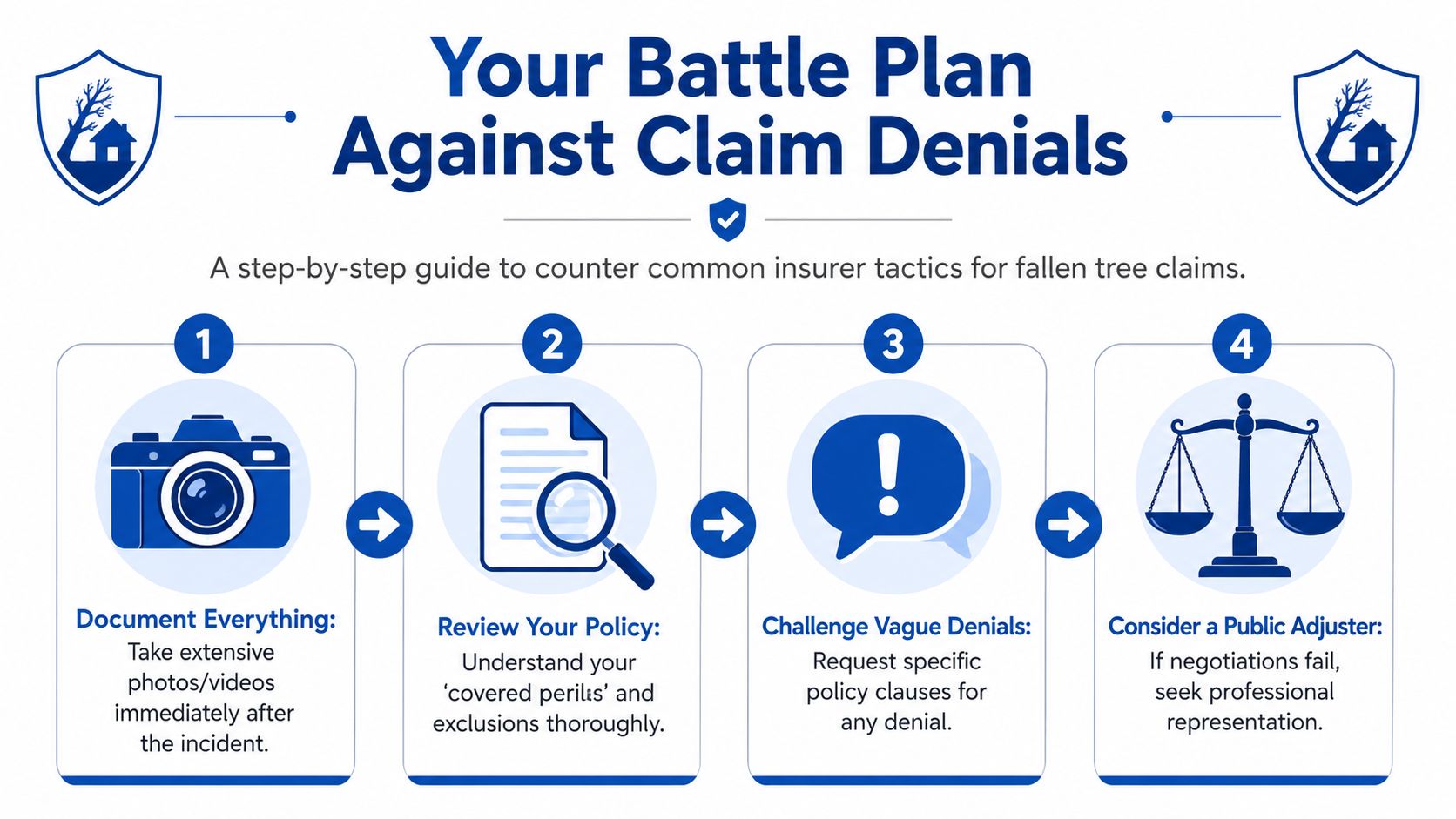 A four-step infographic illustrating how to challenge homeowners insurance claim denials for fallen tree damage.