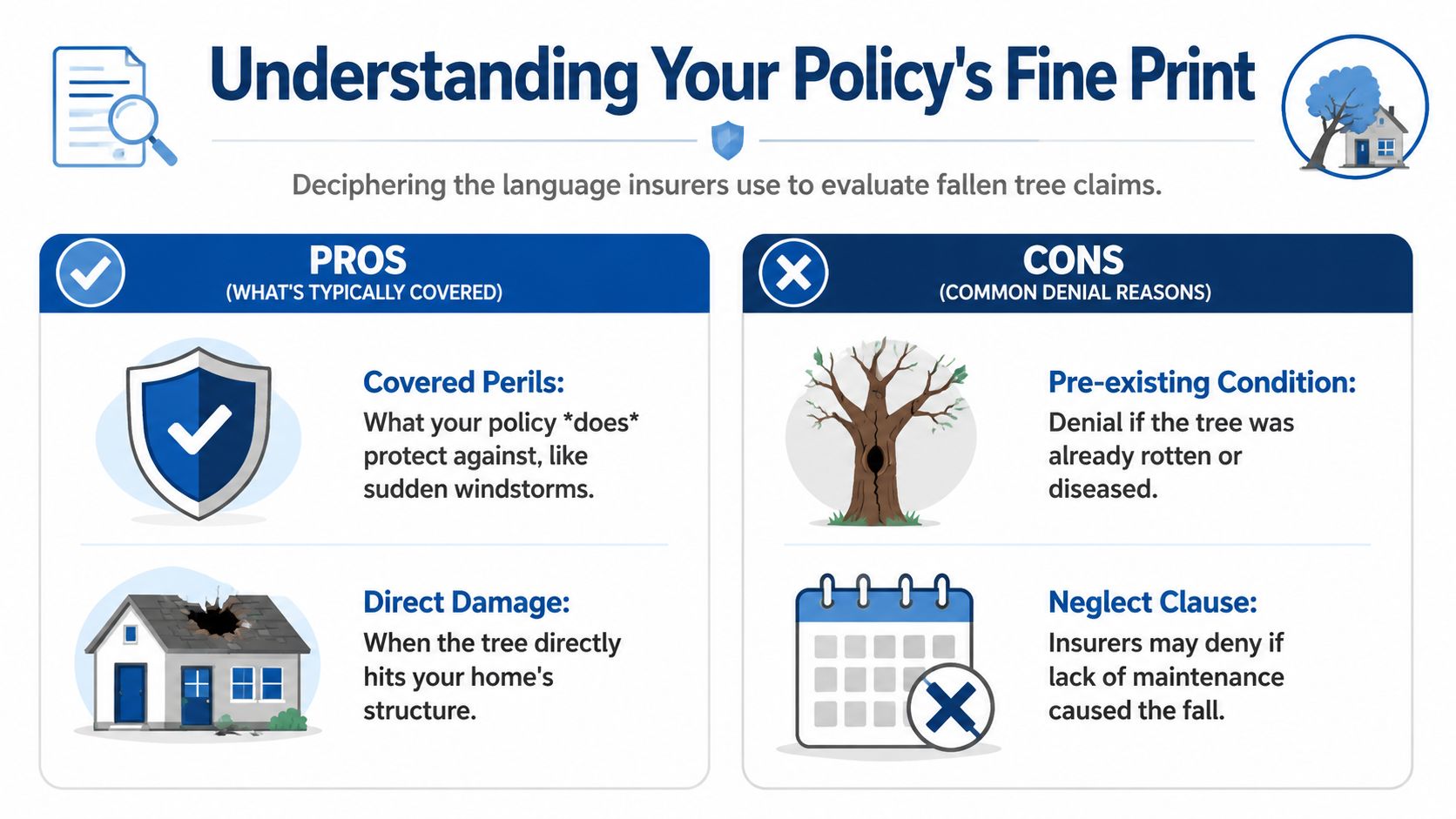 An infographic titled Understanding Your Policy's Fine Print, explaining homeowner insurance coverage for fallen tree claims.