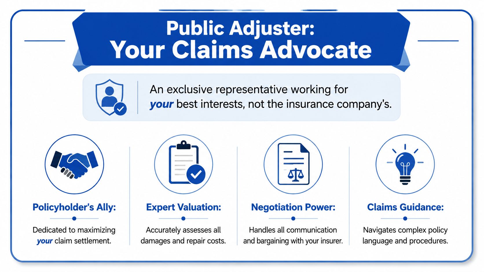 An infographic explaining how a public adjuster acts as an advocate for policyholders during insurance claims.
