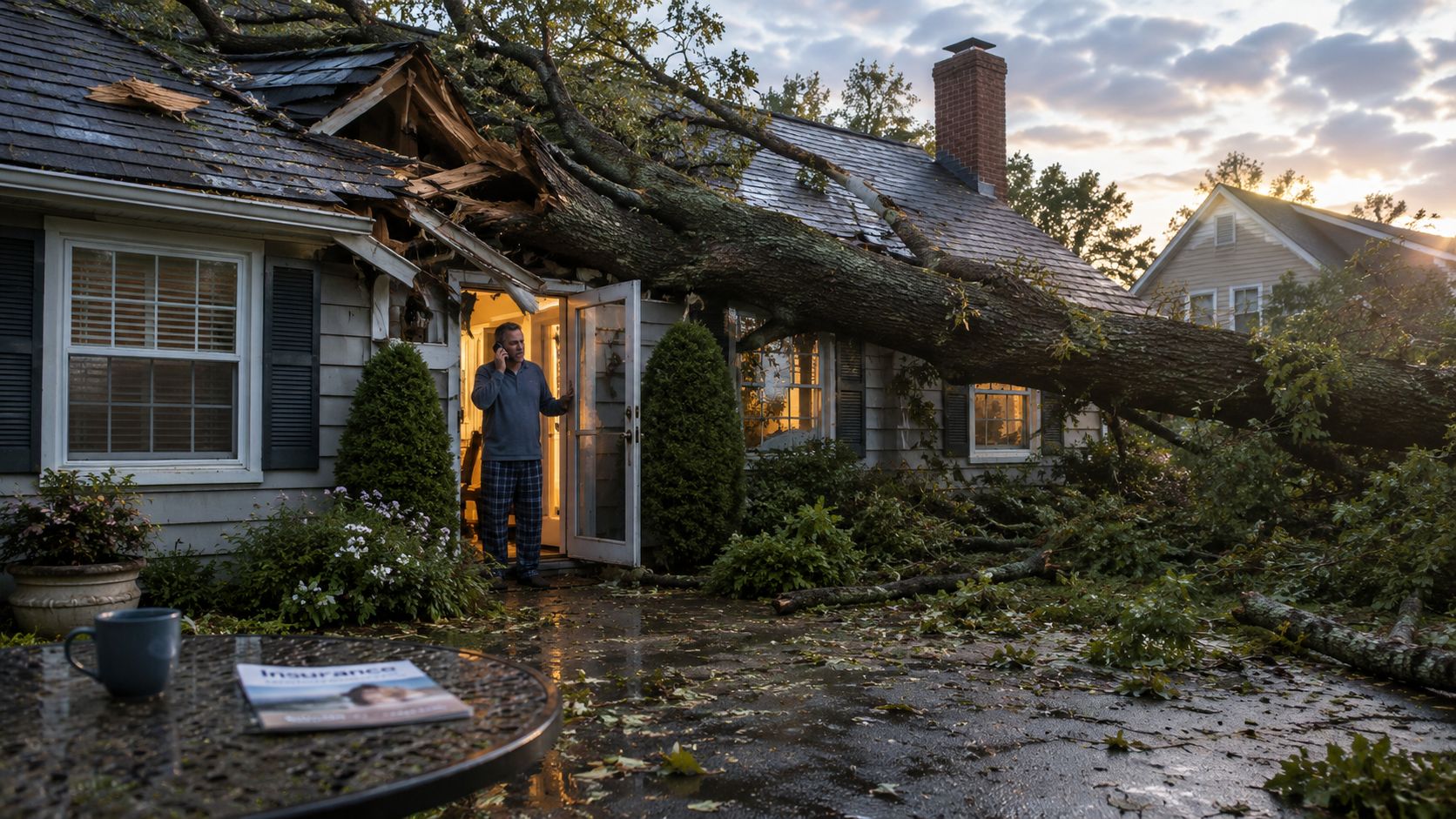A man in pajamas stands in his damaged house doorway after a large tree fell on the roof.