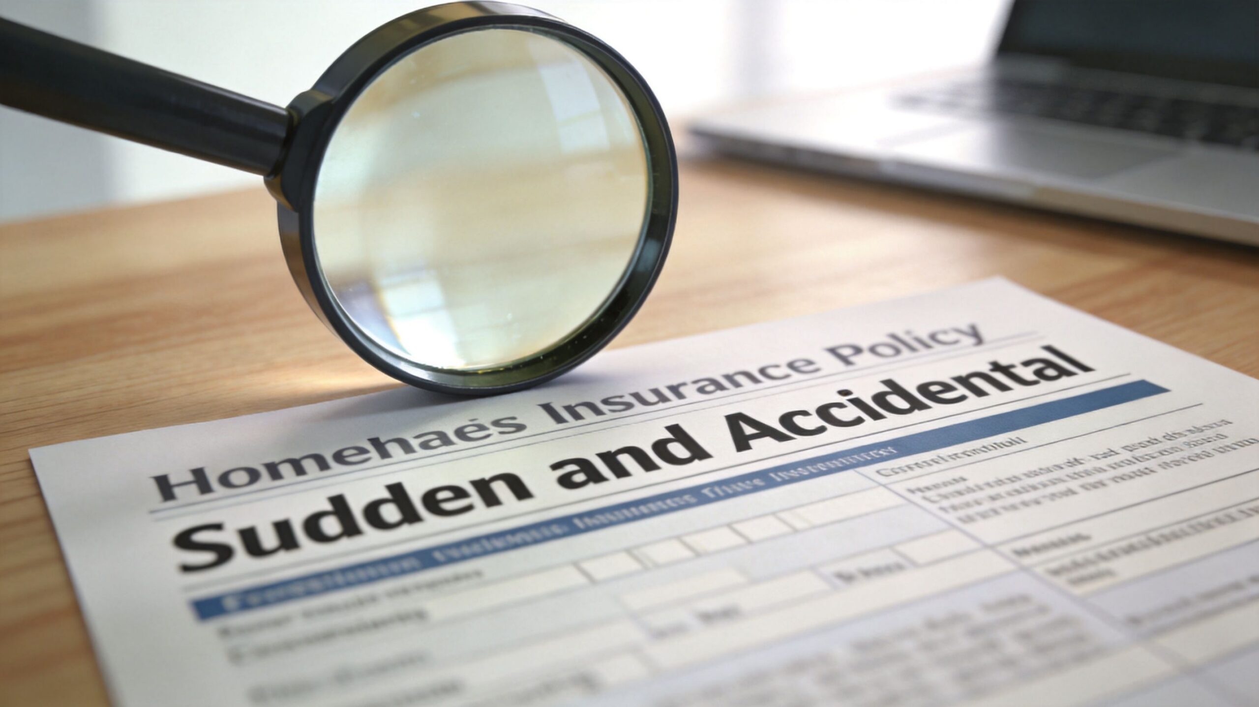 A magnifying glass resting on a homeowners insurance policy document regarding sudden and accidental water damage coverage.