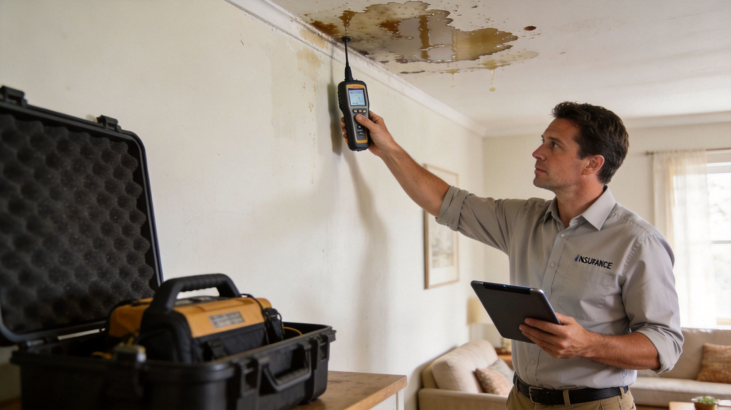 A professional inspector uses a moisture meter to check water damage on a wall and ceiling.