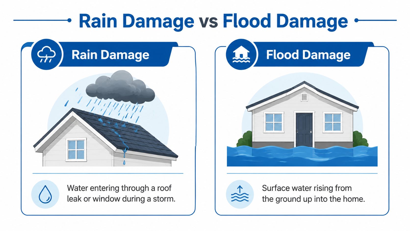 An infographic comparing rain damage, caused by roof leaks, versus flood damage from rising surface water.