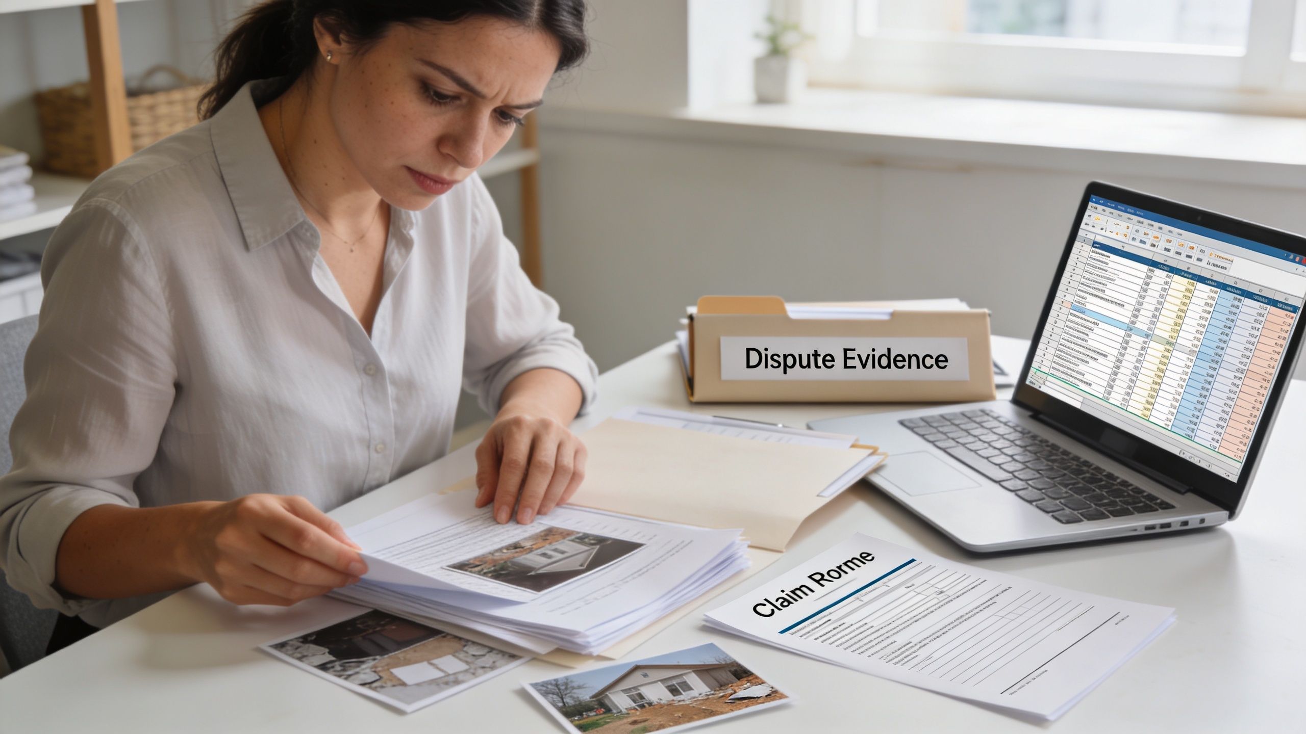 A woman reviewing insurance claim evidence and home photos for a potential water damage dispute.