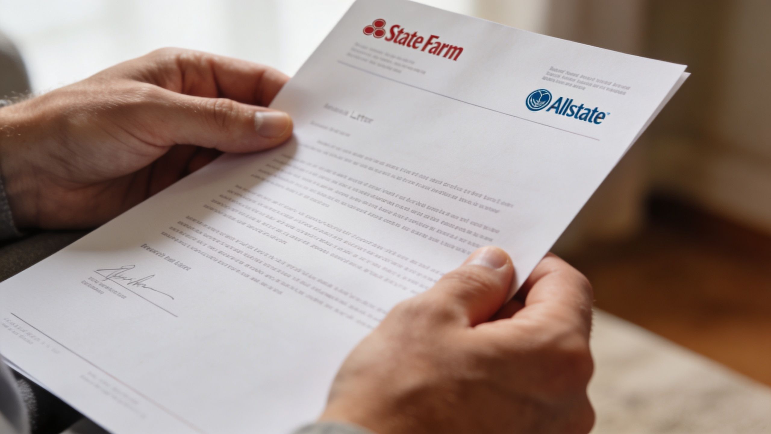 A person holding a document with multiple insurance company logos in an office setting.