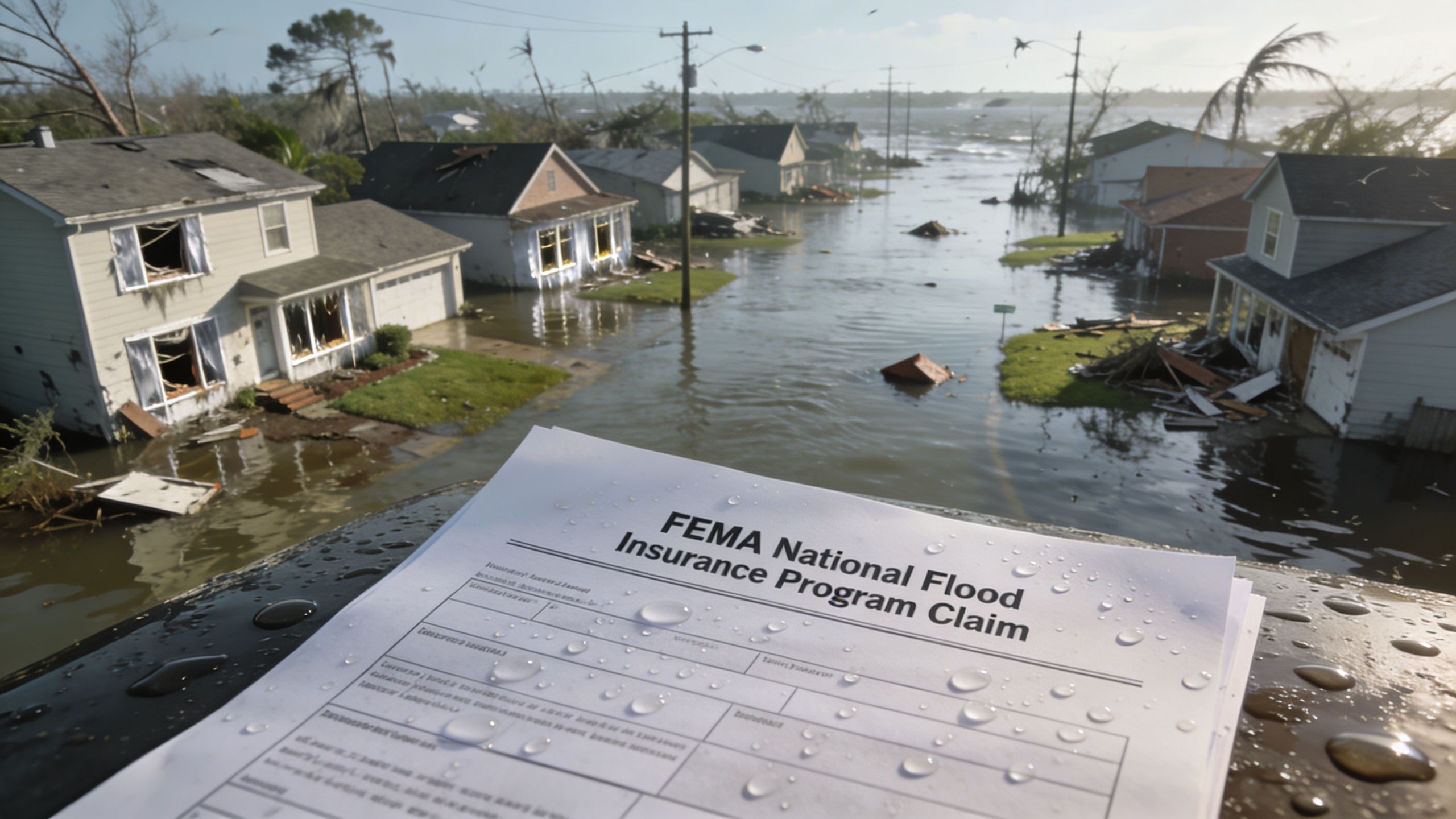 A FEMA National Flood Insurance Program claim form sits on a wet surface overlooking a flooded residential neighborhood.