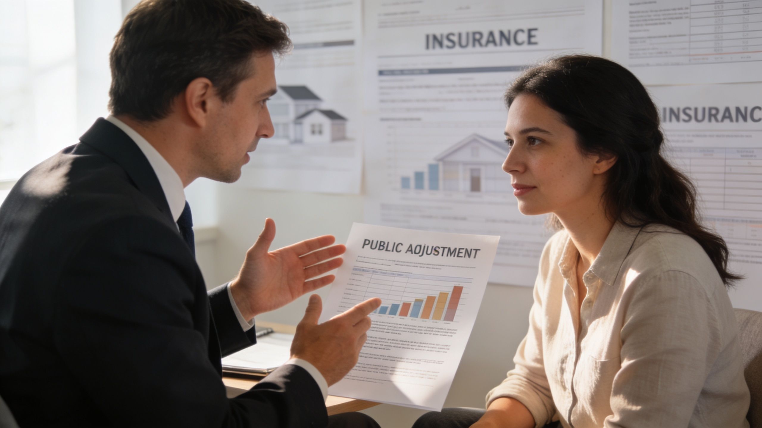 A professional insurance agent explains a public adjustment document to a homeowner during a consultation.
