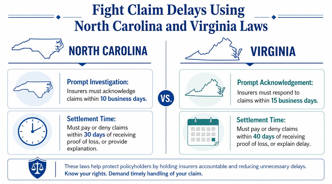 A comparison chart showing insurance claim settlement timelines for North Carolina versus Virginia state laws.