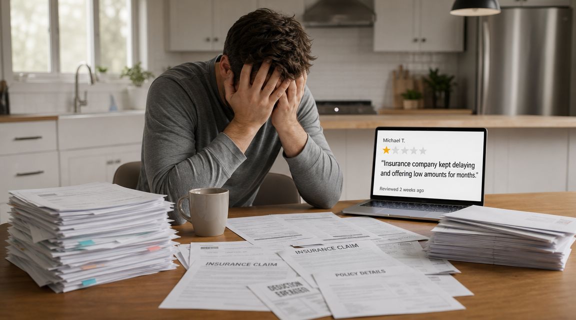 Stressed man sitting at a table with piles of insurance claim documents and a laptop showing reviews.