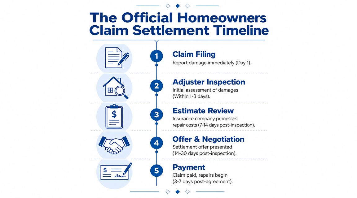 An infographic showing the five-step timeline of the official homeowners insurance claim settlement process.