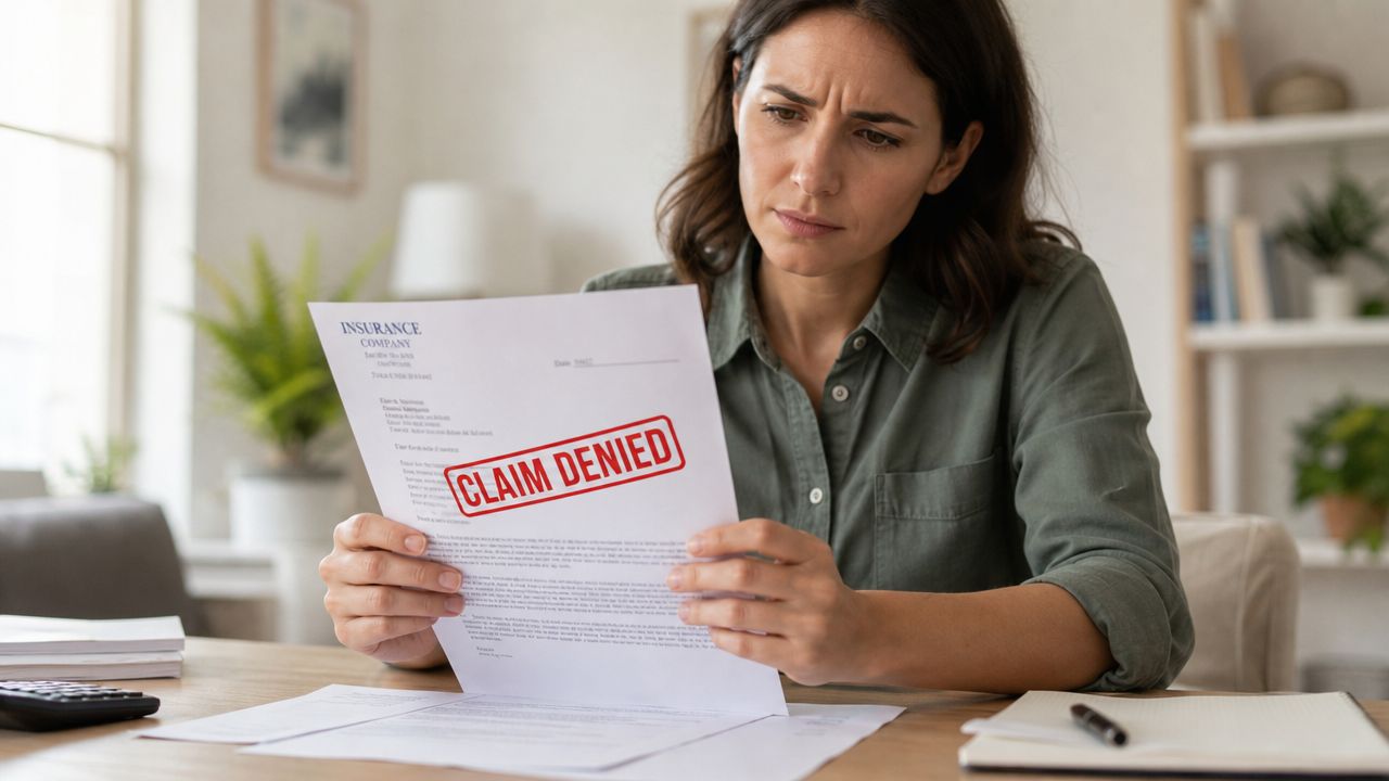 A concerned woman sitting at a desk looking at a document with a claim denied stamp.