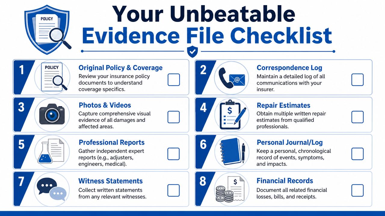 A numbered checklist titled Your Unbeatable Evidence File Checklist for organizing insurance claim documentation and evidence.