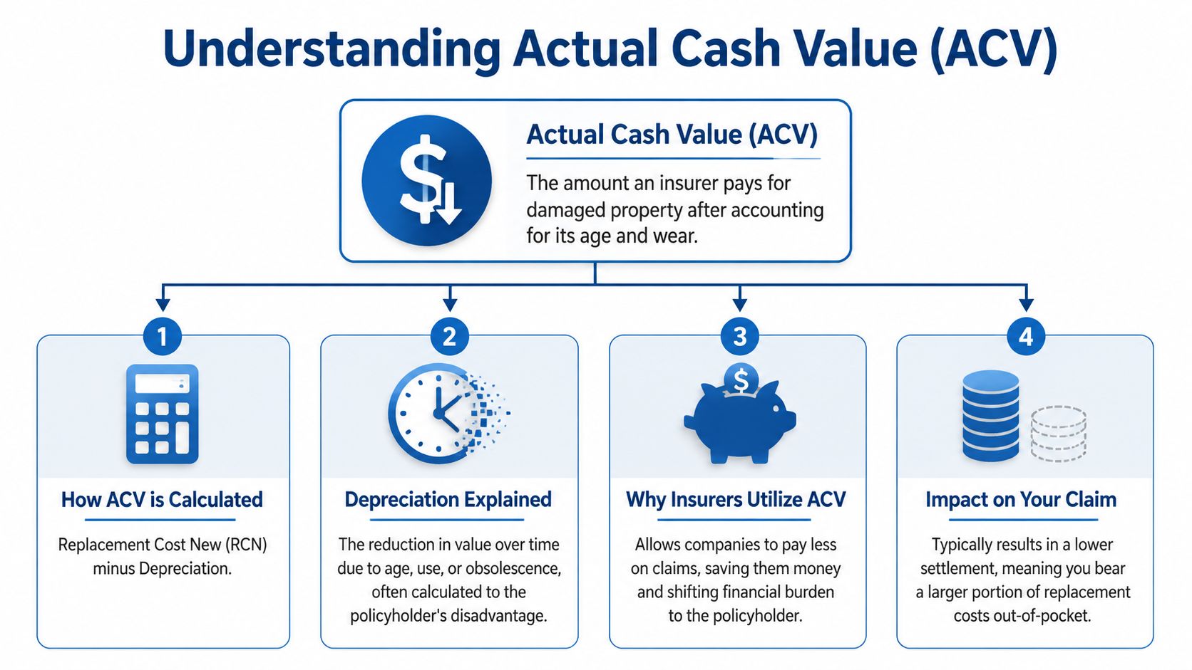 An infographic explaining Actual Cash Value in insurance, detailing calculation, depreciation, insurer motivation, and policyholder impact.