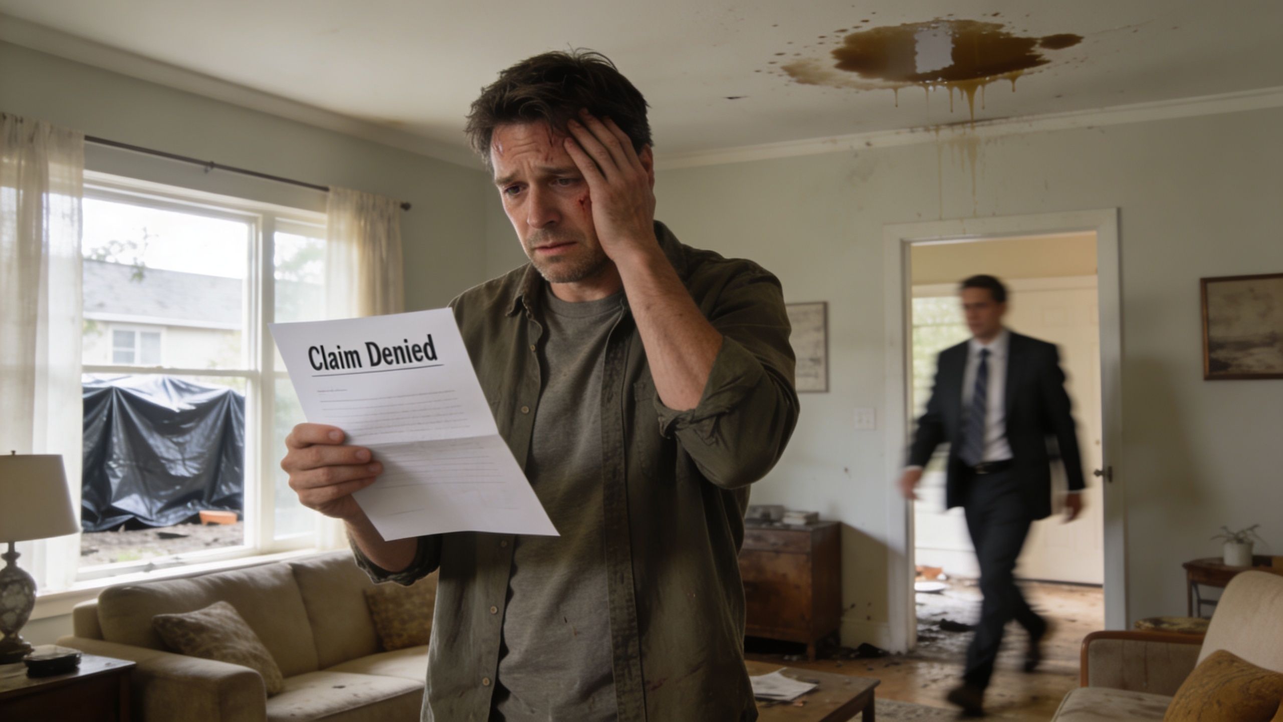 A distressed man reading a denied insurance claim document inside a damaged home with a leaking ceiling realizing he needs a Property Claim Adjuster In Raleigh.