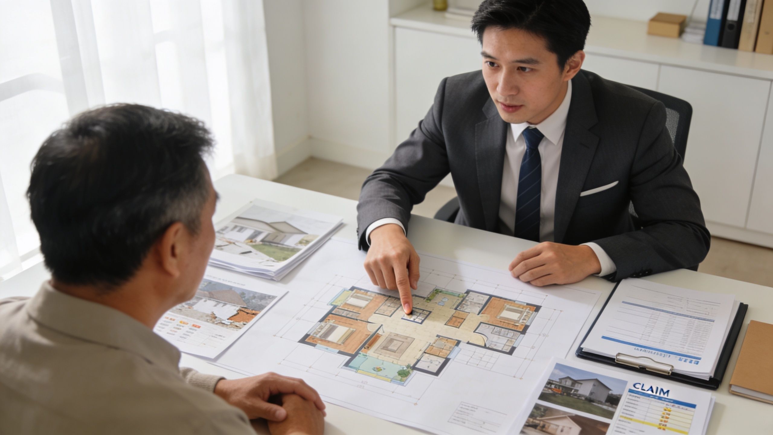 A professional insurance adjuster discussing house damage repair plans with a homeowner over building blueprints.