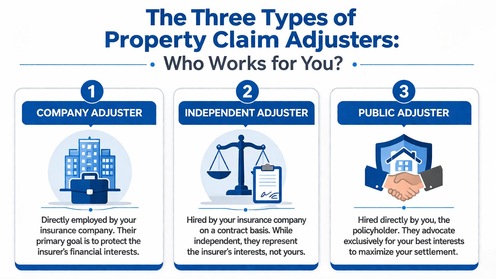 An infographic detailing the three types of property claim adjusters and who they represent in insurance.