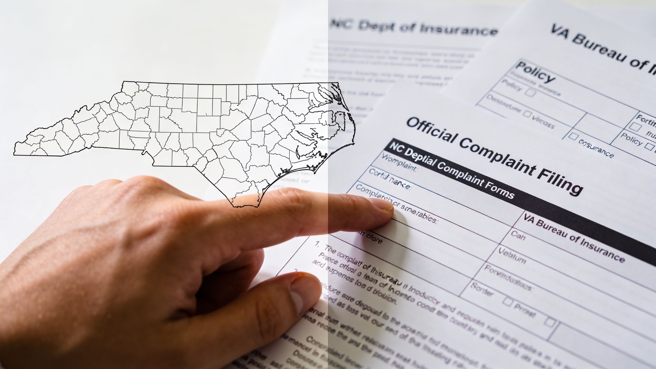 A hand pointing to an official North Carolina insurance complaint form with a state map overlay.