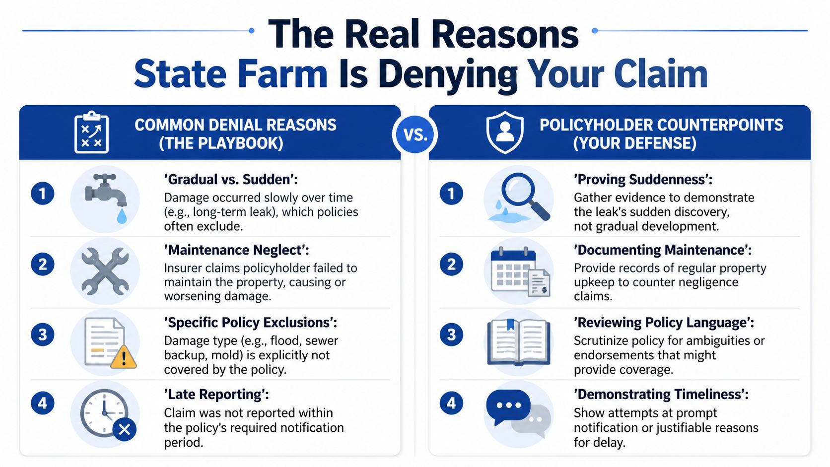 An infographic titled The Real Reasons State Farm Is Denying Your Claim, outlining common denial reasons and policyholder counterpoints.
