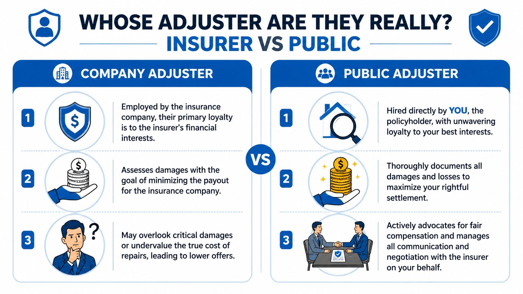 A comparison chart showing the differences between company adjusters and public adjusters for insurance claims and to consider calling a Water Damage Public Adjuster, NC.