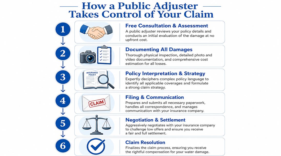 A six-step infographic illustrating how a public adjuster manages the insurance claim process for water damage. Consider calling a Water Damage Public Adjuster, NC.