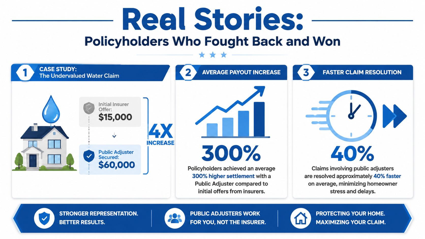 An infographic showing that public adjusters help homeowners get higher insurance settlements and faster claim resolutions. and to consider calling a Water Damage Public Adjuster, NC.