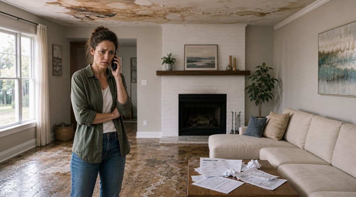 A concerned woman stands in a living room with severe water damage on the ceiling and floor, considers calling a Water Damage Public Adjuster, NC.