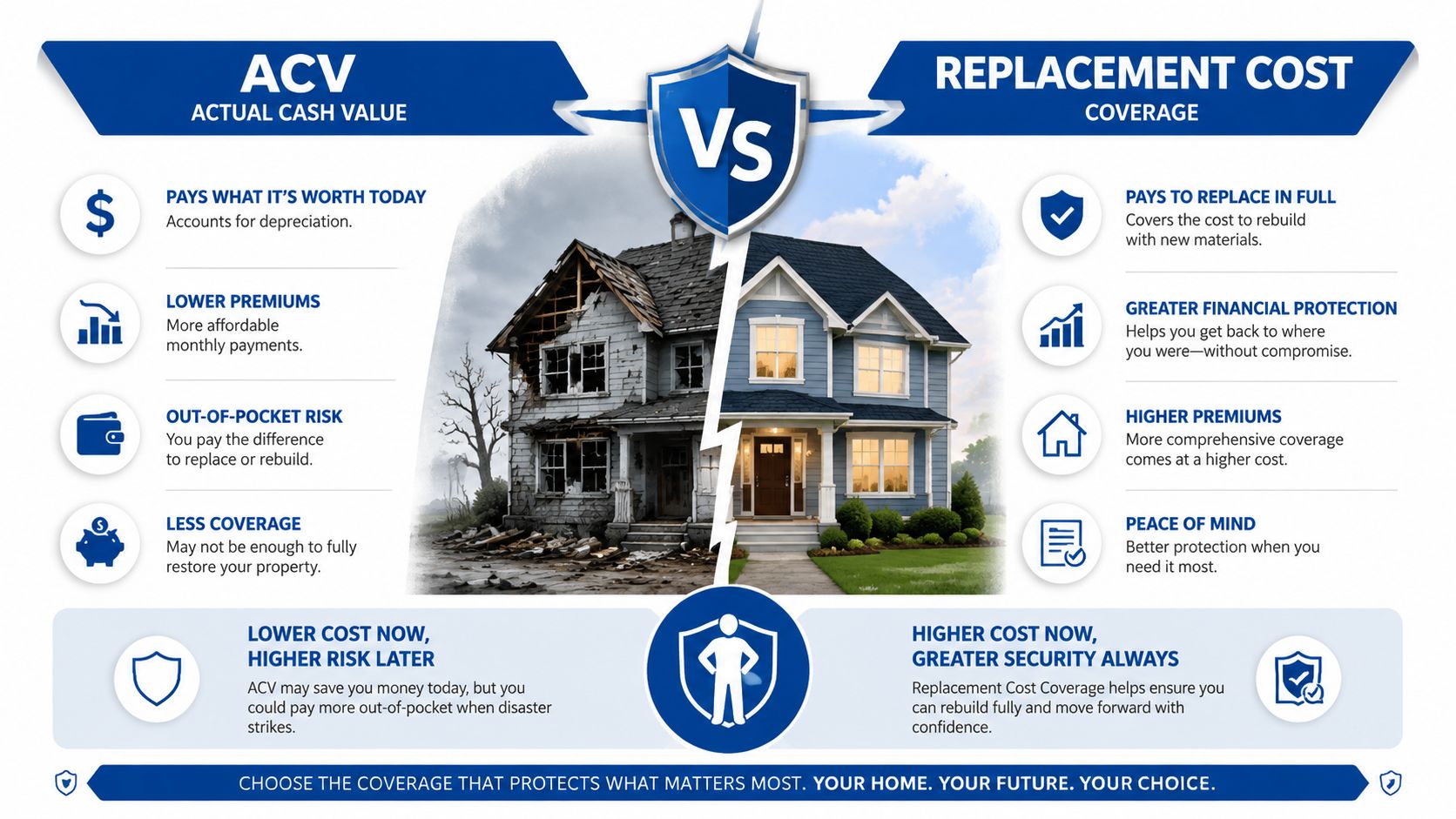 A comparison chart showing differences between Actual Cash Value and Replacement Cost insurance coverage for homes.