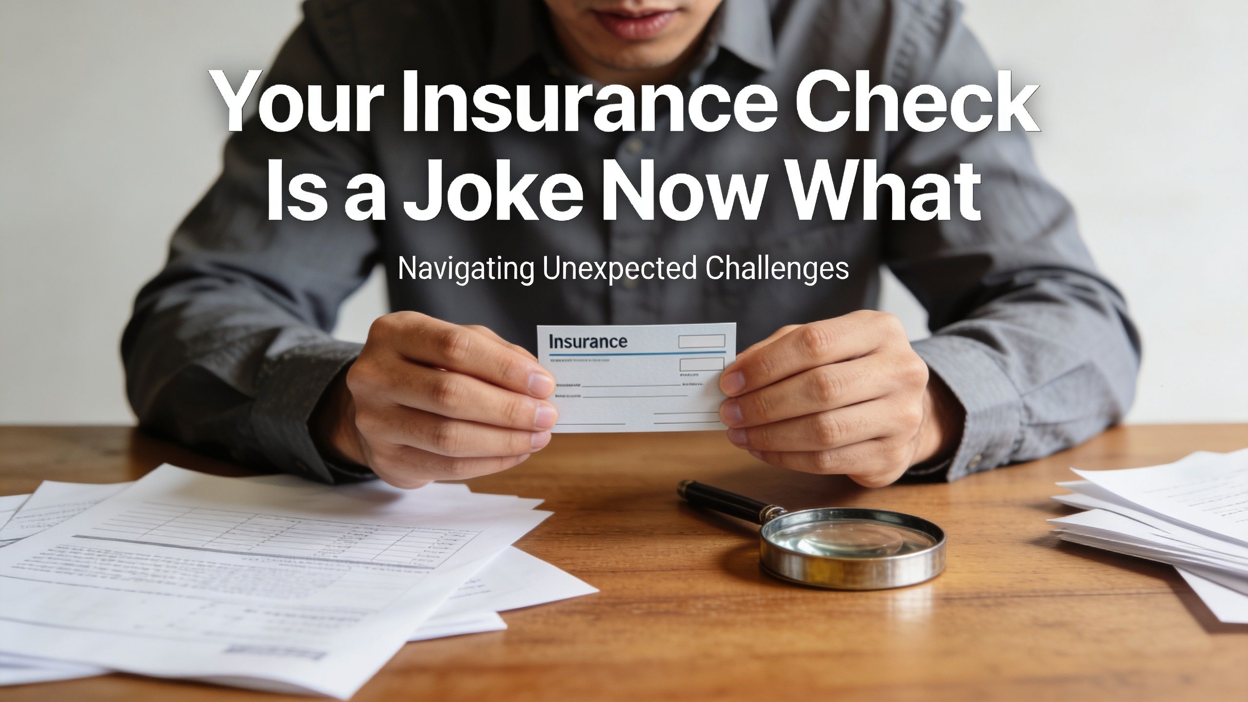 A person sitting at a desk holding a small insurance check with magnifying glass and paperwork nearby.