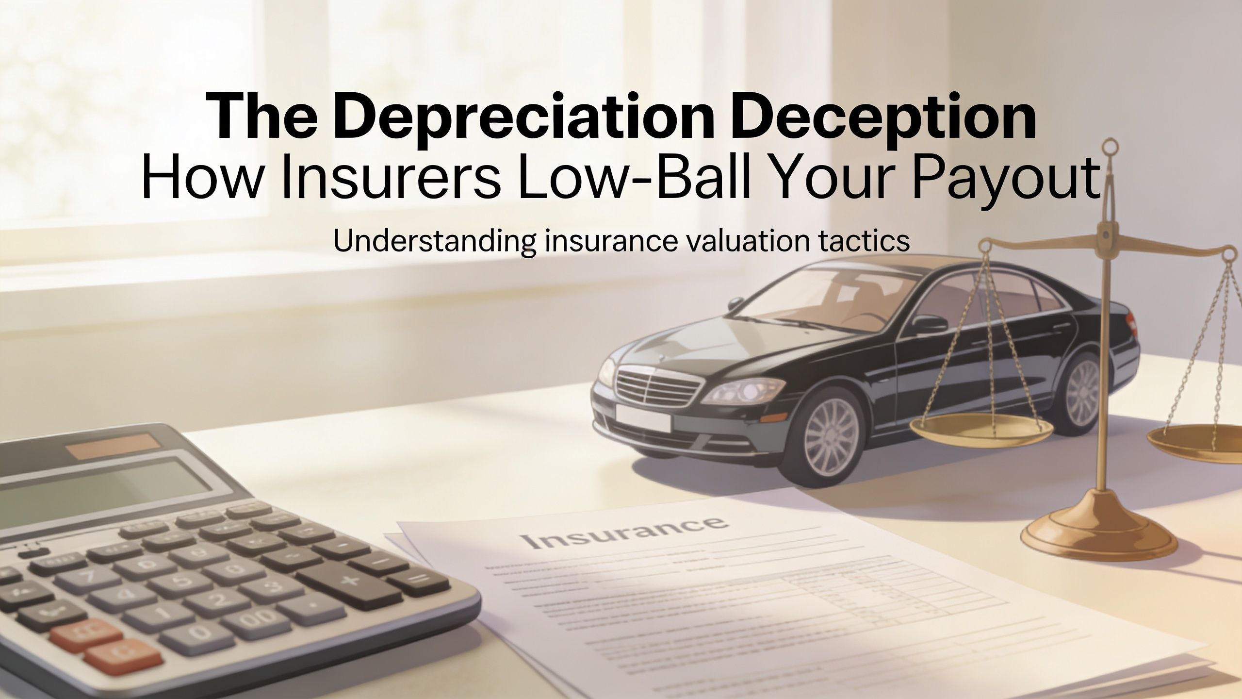 A calculator, insurance document, toy car, and scale on a desk representing insurance valuation tactics.