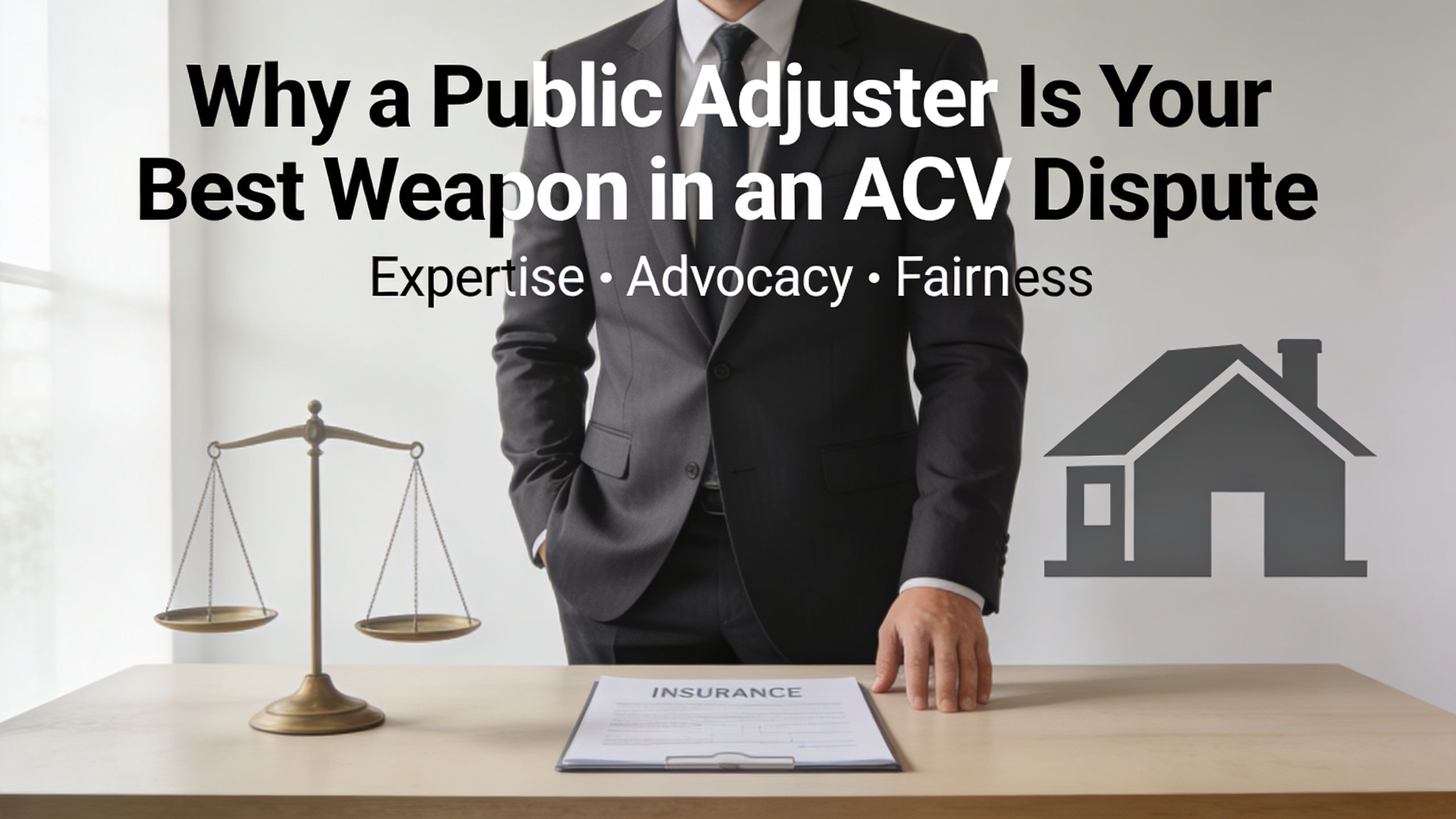 A professional in a suit stands behind a desk with a scale and insurance documents representing fairness.