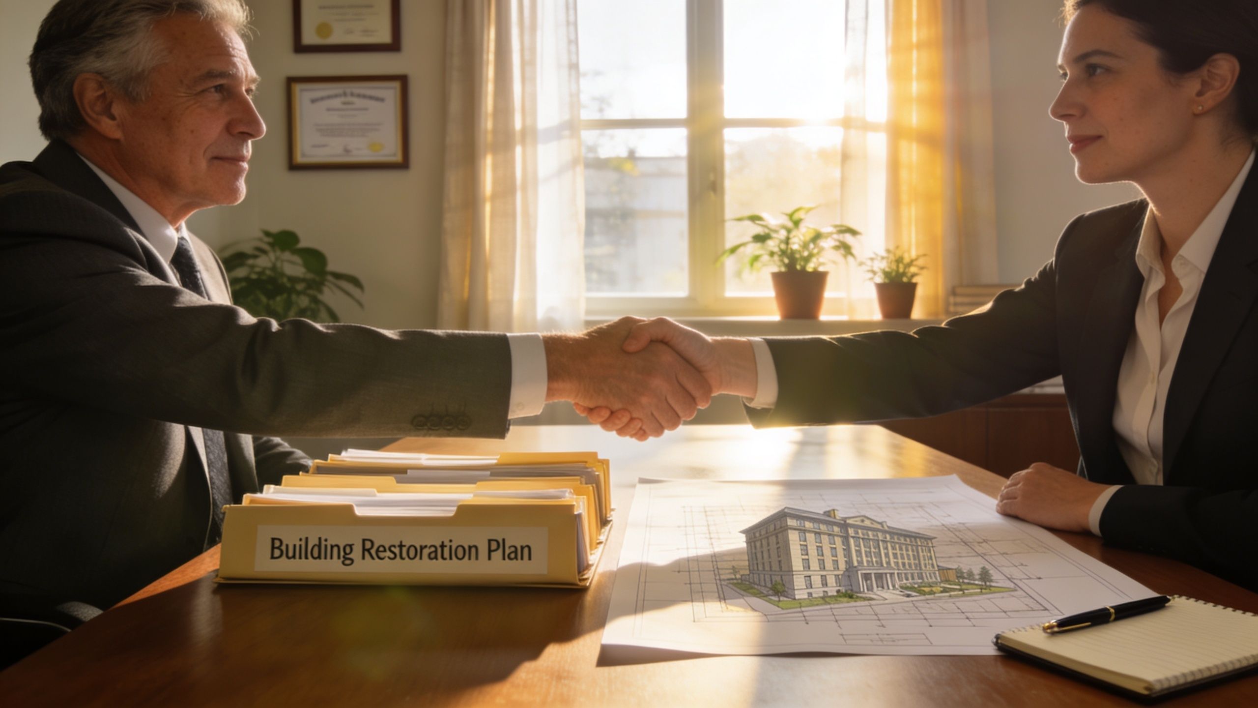 A professional man and woman shaking hands over a building restoration plan document in an office setting.