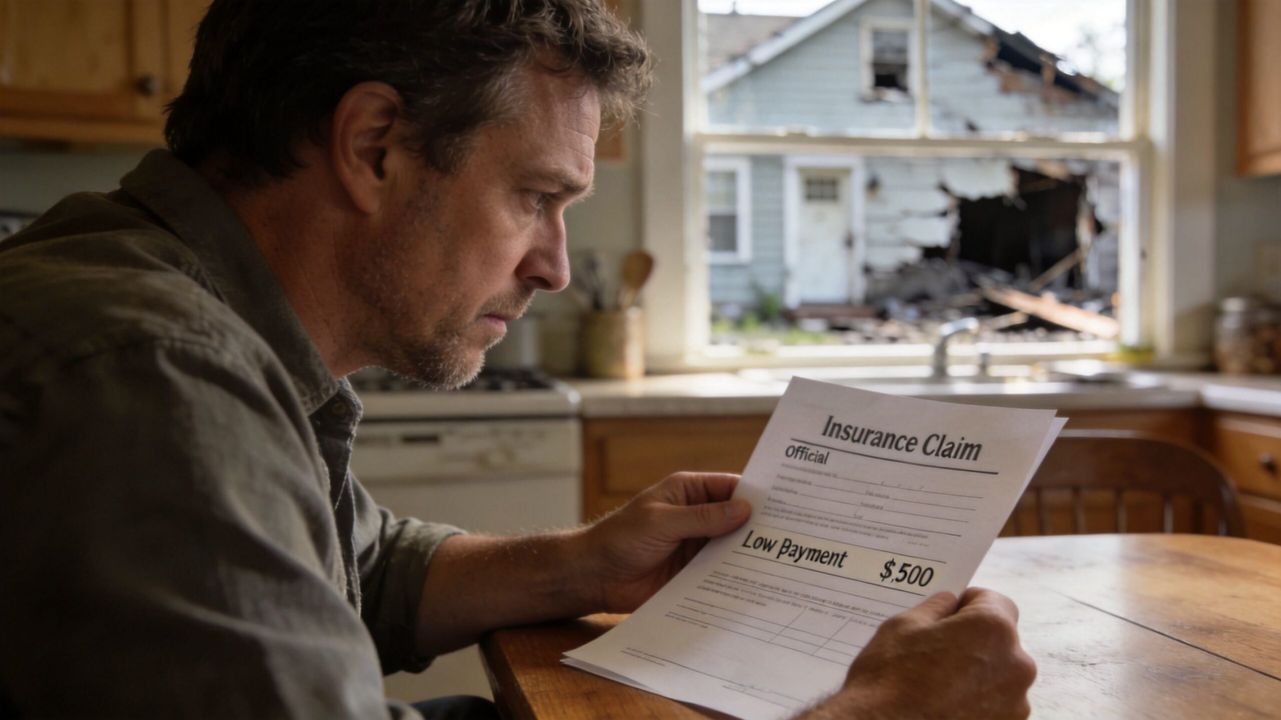 A concerned man sitting in his damaged home looking at an insurance claim document for $500.