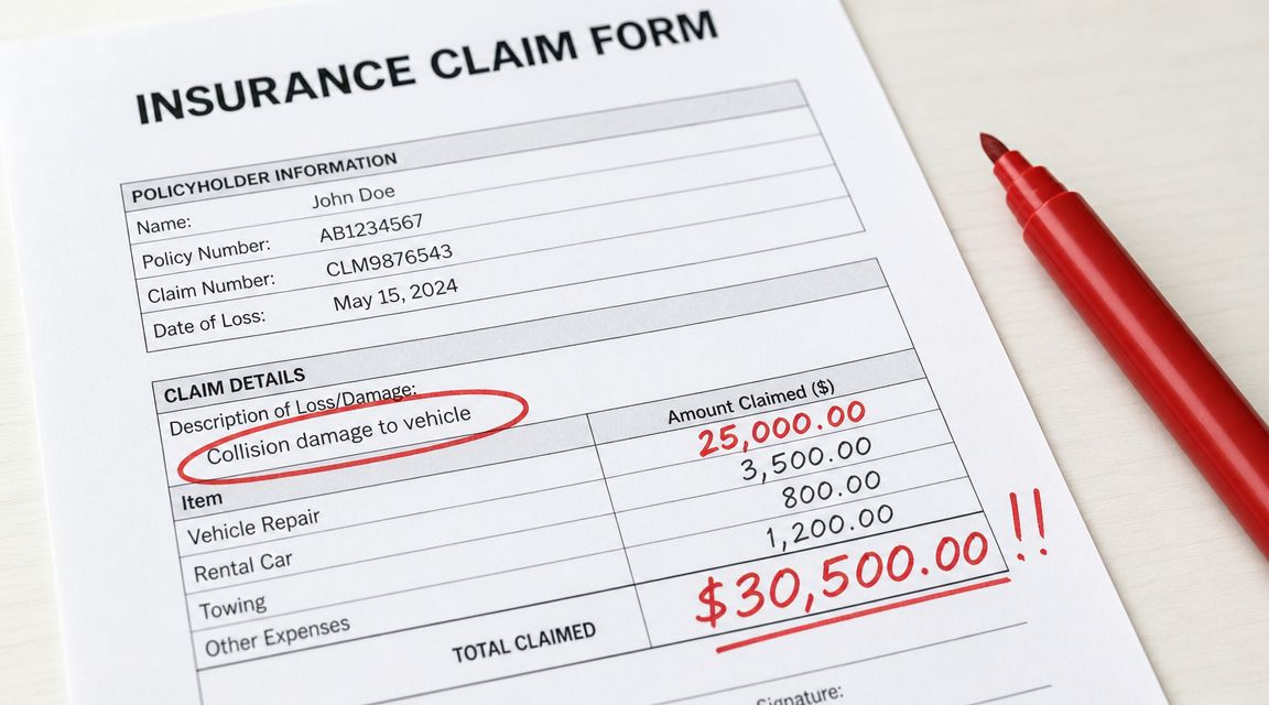 A completed insurance claim form with vehicle damage details and a red marker on a desk.