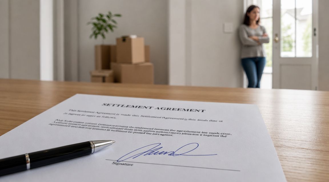 A settlement agreement document with a signature and a pen on a table with a person in background.
