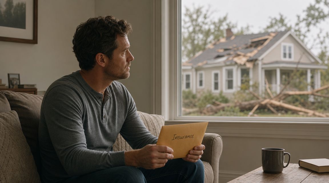 A concerned man sitting on a couch holding an insurance envelope while looking at storm damage.