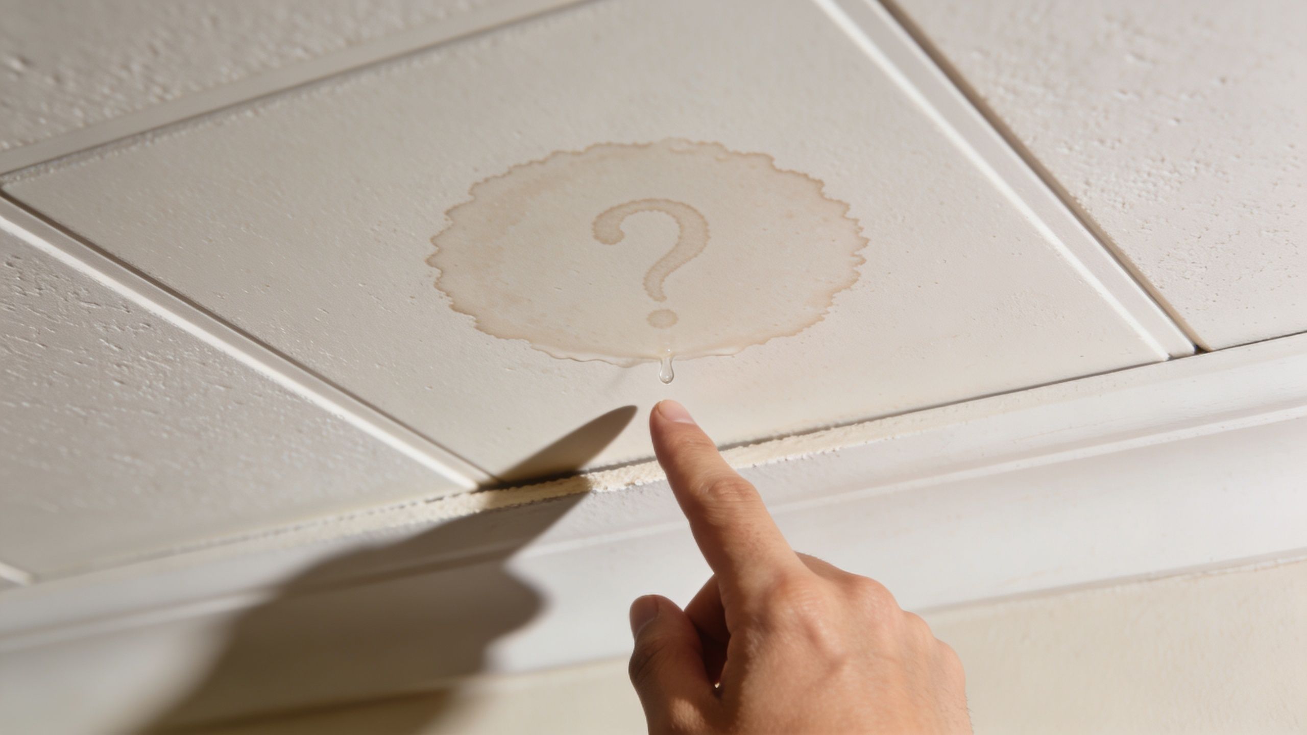 A person pointing at a water stain shaped like a question mark on a ceiling tile.