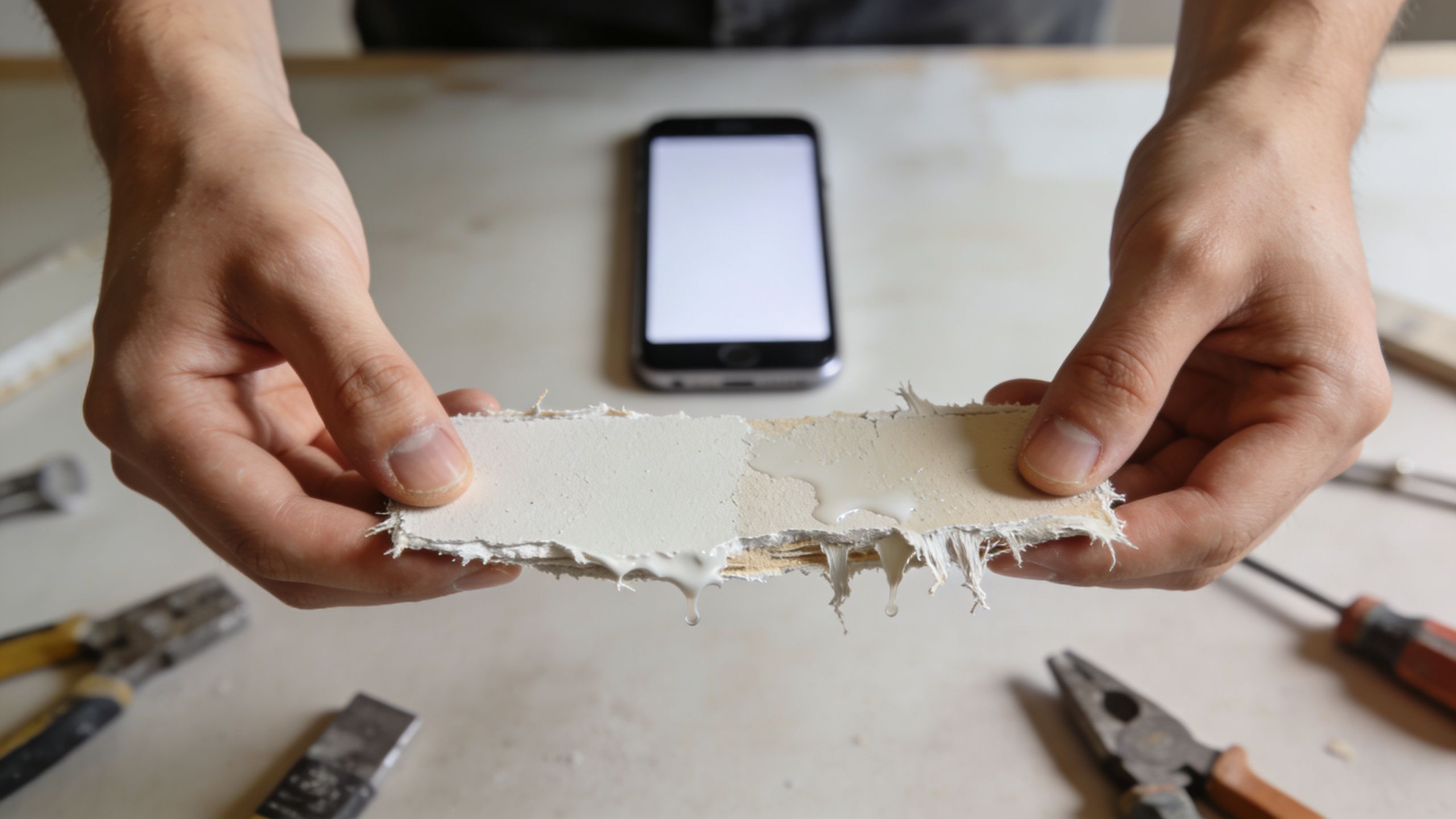 A person holds a damaged piece of drywall with wet, peeling paper and white substance dripping down.