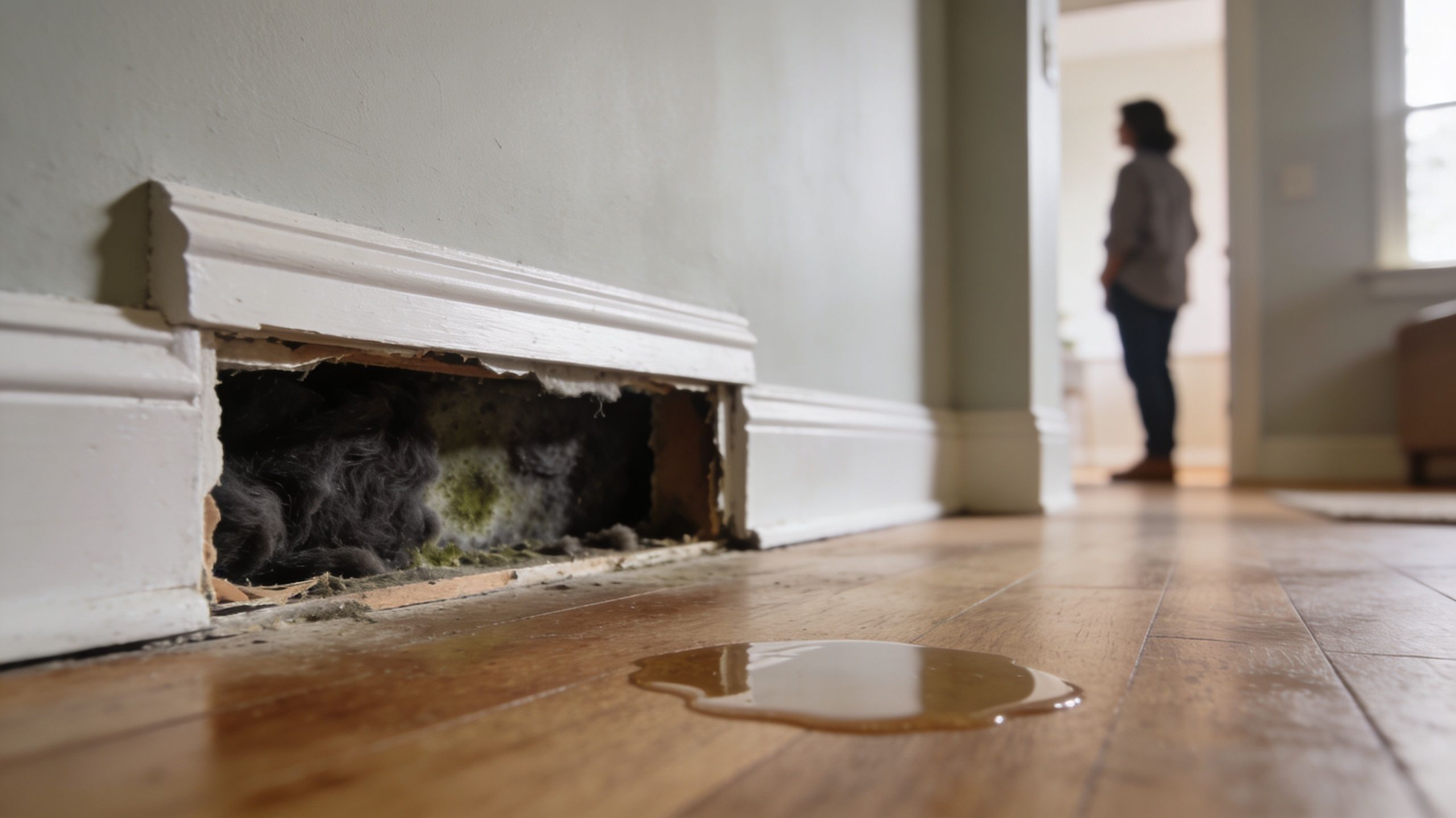 A close-up view of water leaking from a damaged wall base with mold and insulation visible.