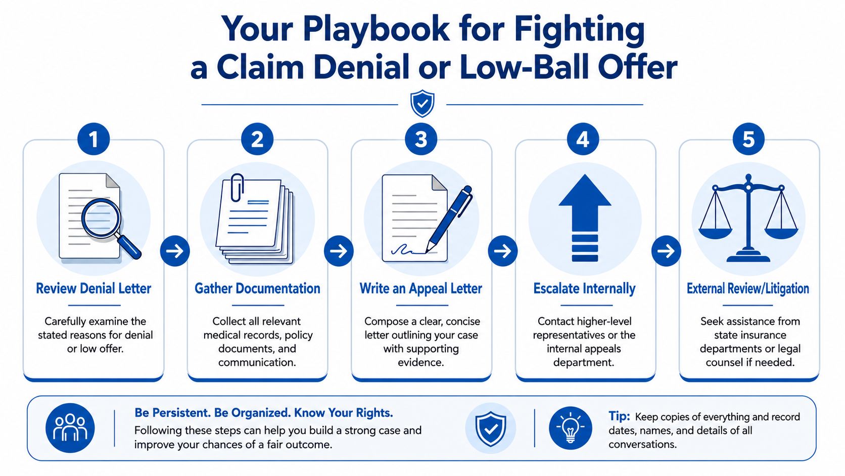 An infographic showing a five-step process for fighting an insurance claim denial or low-ball offer.